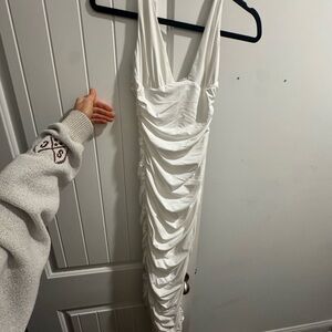 White Ruched Maxi Dress - Sleeveless V-Neck